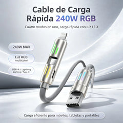 🔥 (2 metros de largo) Cable 4 en 1 PD 240 W – Carga rápida USB‑C, Lightning y USB‑A, aluminio y silicona, sincronización de datos ⚡📱