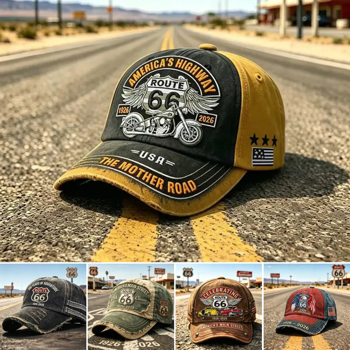 🧢🌟Gorra de béisbol retro ajustable de la Ruta 66, la elección perfecta para los entusiastas del ciclismo.