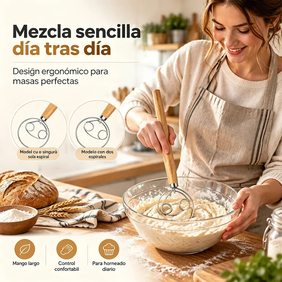 🥖 Mezclador Manual de Masa de Acero Inoxidable con Mango de Roble – Herramienta Indispensable para Hornear, Amasar y Tamizar · ¡Compra uno y llévate otro gratis (recibes 2 unidades)! 🌾