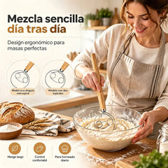 🥖 Mezclador Manual de Masa de Acero Inoxidable con Mango de Roble – Herramienta Indispensable para Hornear, Amasar y Tamizar · ¡Compra uno y llévate otro gratis (recibes 2 unidades)! 🌾