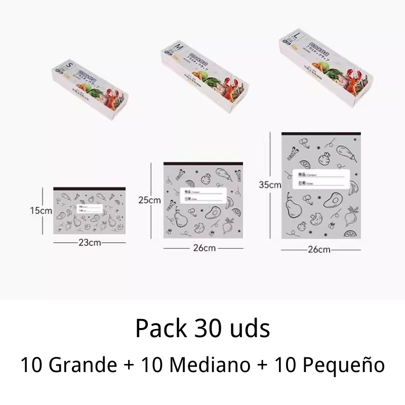 🔥Pack 30 uds | 10 Grande+10 Mediano+10 Pequeño🔥 Bolsa de Conservación de Aluminio Antibacteriana con Cremallera, Reutilizable para Refrigeración y Congelación