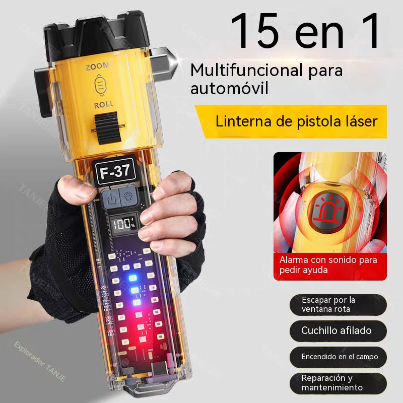Linterna 5 en 1 de alta potencia, portátil y multifuncional, recargable para uso en exteriores.