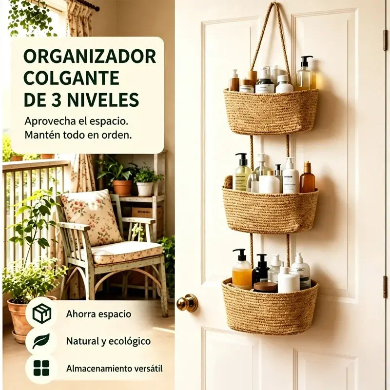 🌿 Cesta de almacenamiento colgante de pared de algodón tejido a mano, con 3 niveles desmontables – Organizador boho para hogar, baño y dormitorio