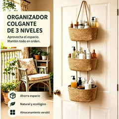 🌿 Cesta de almacenamiento colgante de pared de algodón tejido a mano, con 3 niveles desmontables – Organizador boho para hogar, baño y dormitorio
