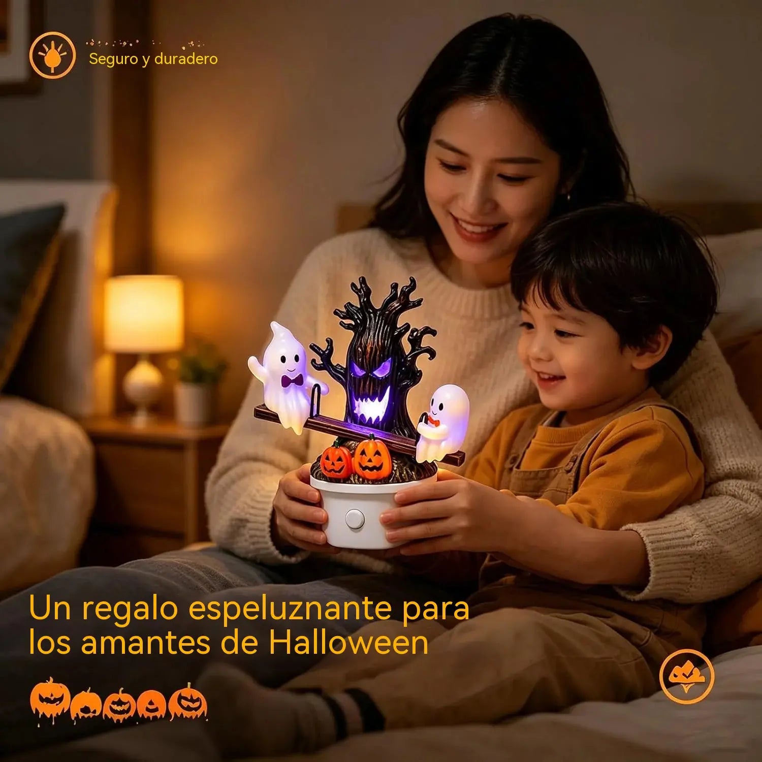 Luz nocturna animada de Halloween con forma de fantasma en un balancín.