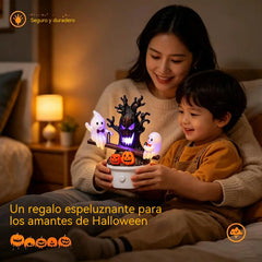 Luz nocturna animada de Halloween con forma de fantasma en un balancín.