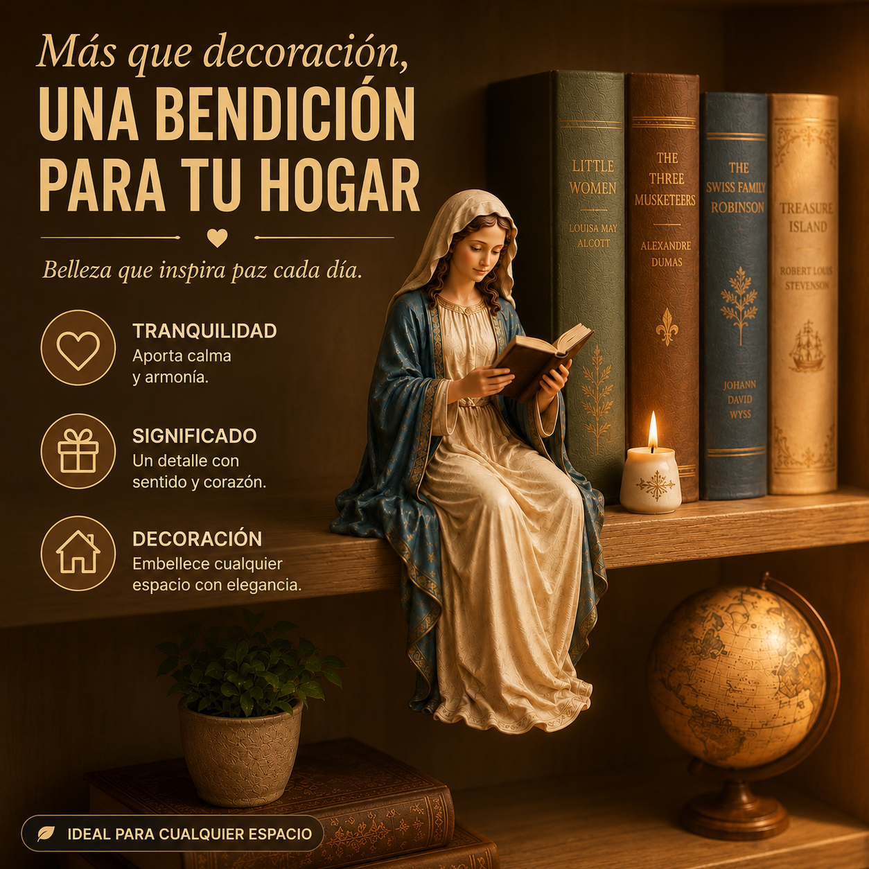 🙏Un adorno artesanal de la Virgen María leyendo, que traerá una bendición de paz a tu estantería.