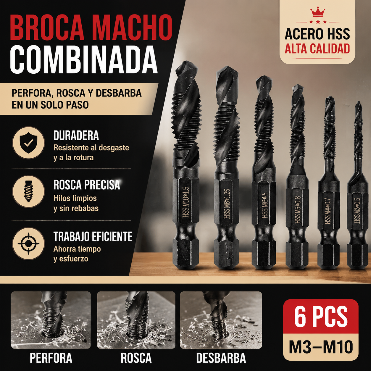 ⚡️【Juego de 6 piezas】Juego de herramientas multifuncionales de perforación y roscado con vástago hexagonal compuesto