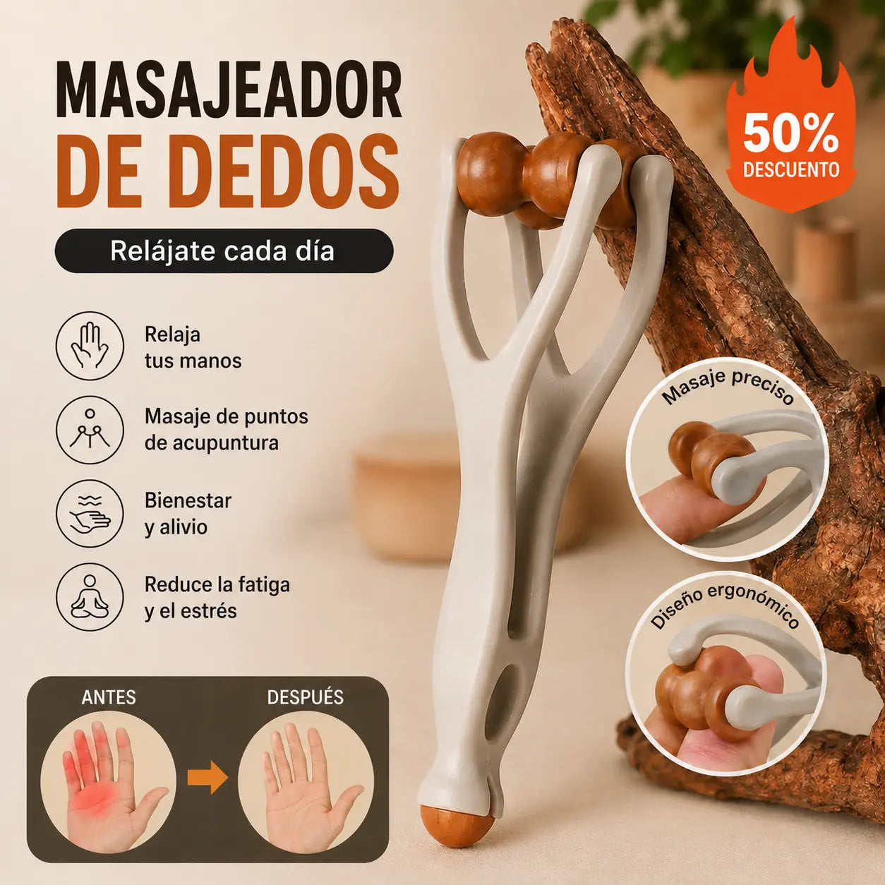 🎁【2 piezas】🌿 Masajeador de dedos de madera maciza: Los rodillos de madera natural ayudan a desbloquear los meridianos articulares y a aliviar la fatiga de las manos. 🌿