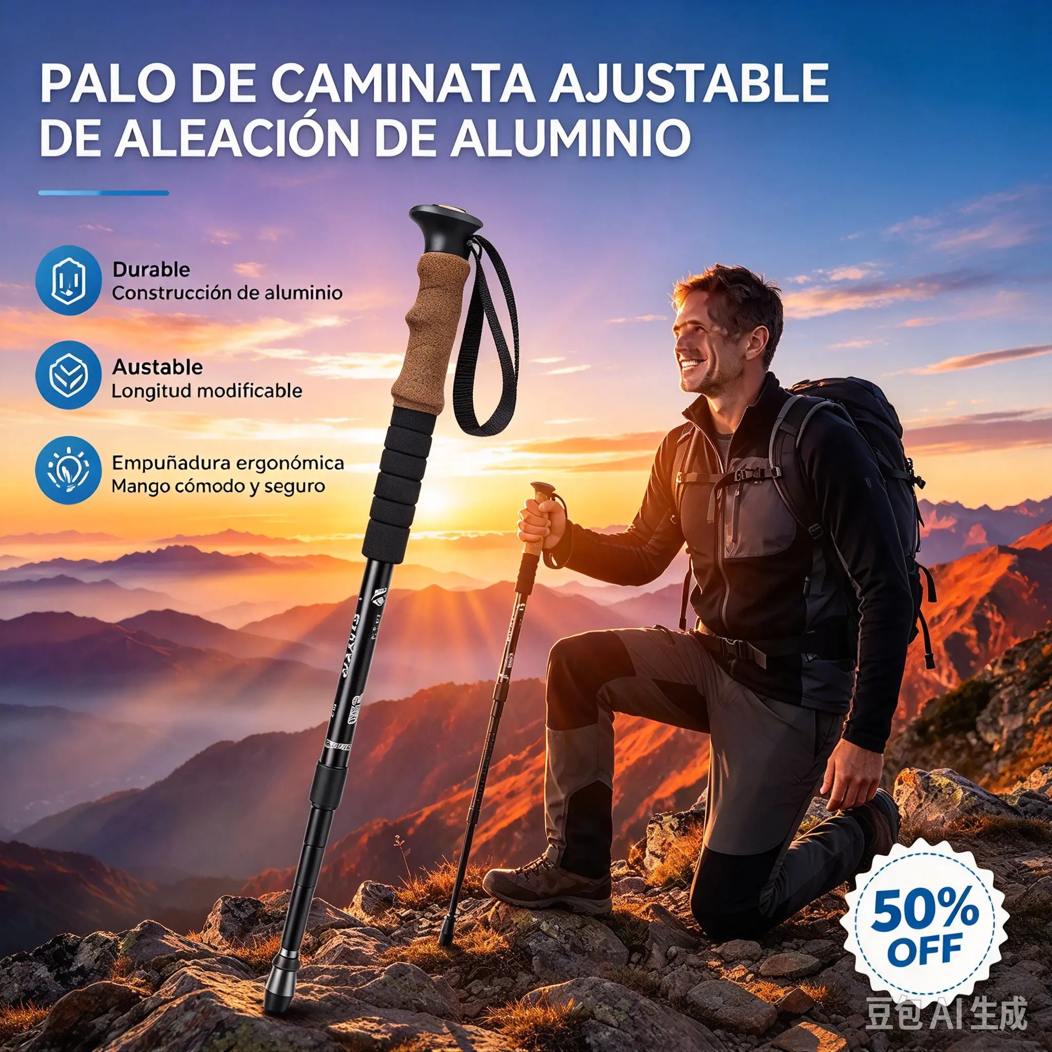 Bastón de trekking ajustable de aleación de aluminio: duradero, con absorción de impactos y ligero