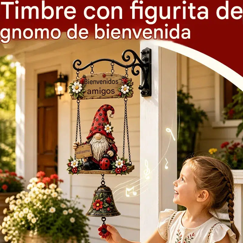 🔥Campana de bienvenida con gnomo de jardín✨ placa de "Welcome", campana de bronce estilo retro, soporte de pared de hierro, decoración para jardín y patio