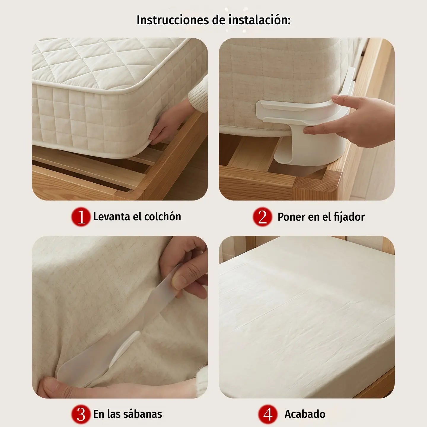 Juego de 4 piezas-28€-Sujetadores de sábanas: clips antideslizantes, invisibles y sin agujas que fijan las sábanas y las sábanas bajeras por las esquinas para evitar que se muevan.