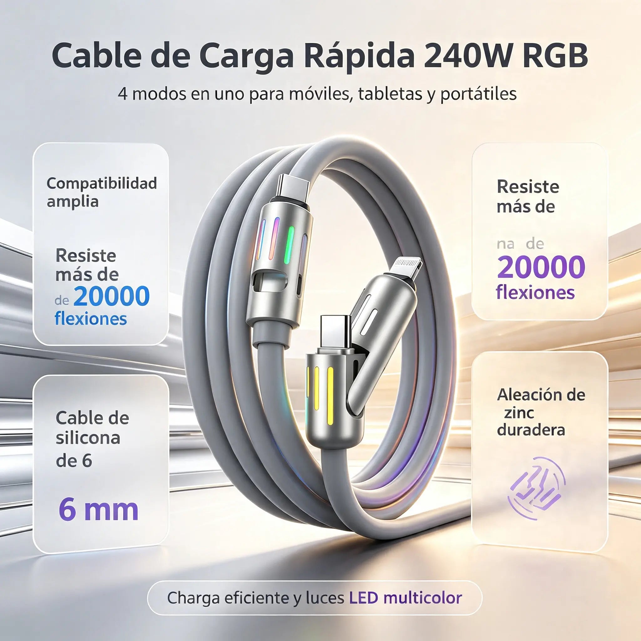 🔥 (2 metros de largo) Cable 4 en 1 PD 240 W – Carga rápida USB‑C, Lightning y USB‑A, aluminio y silicona, sincronización de datos ⚡📱