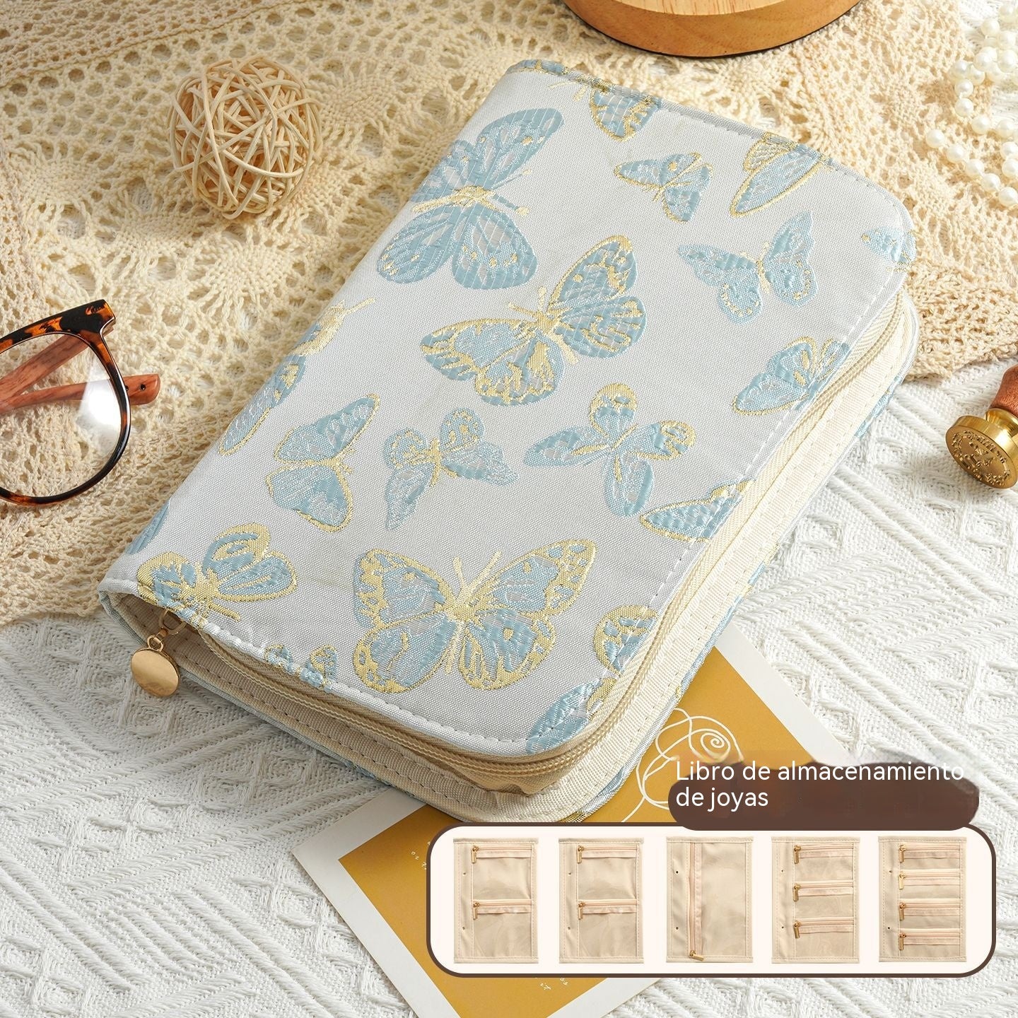 🔥Elegante y portátil estuche para guardar joyas con estampado de flores de ciruelo y mariposas