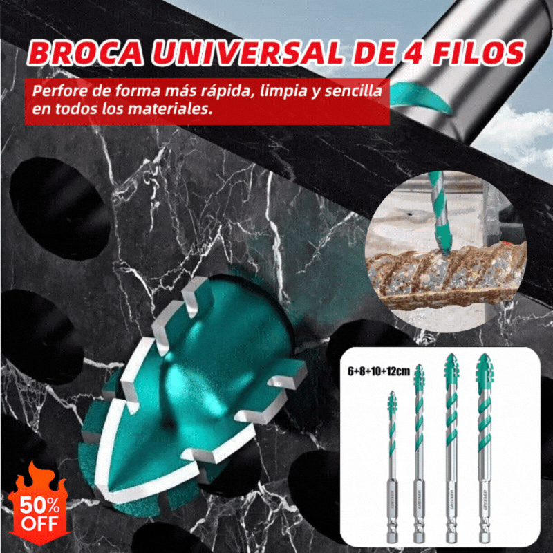 🔥【6+8+10+12mm】【10  piezas】Broca universal 4 filos: abre agujeros más rápidos, limpios y sin esfuerzo en todos los materiales.