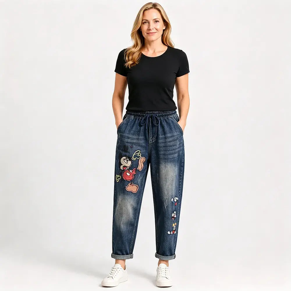 📢50% de descuento【Tallas S-5XL】👖✨🍂Vaqueros retro holgados para mujer con bordados de apliques y cintura elástica: vaqueros harem de estilo único.