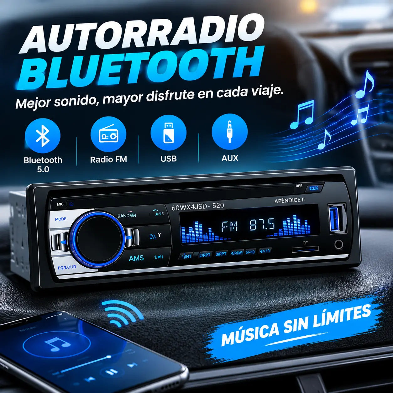 🎵 Radio para coche Bluetooth, sistema de audio para coche Supersonic: disfruta de un sonido inalámbrico de alta fidelidad en cada viaje.