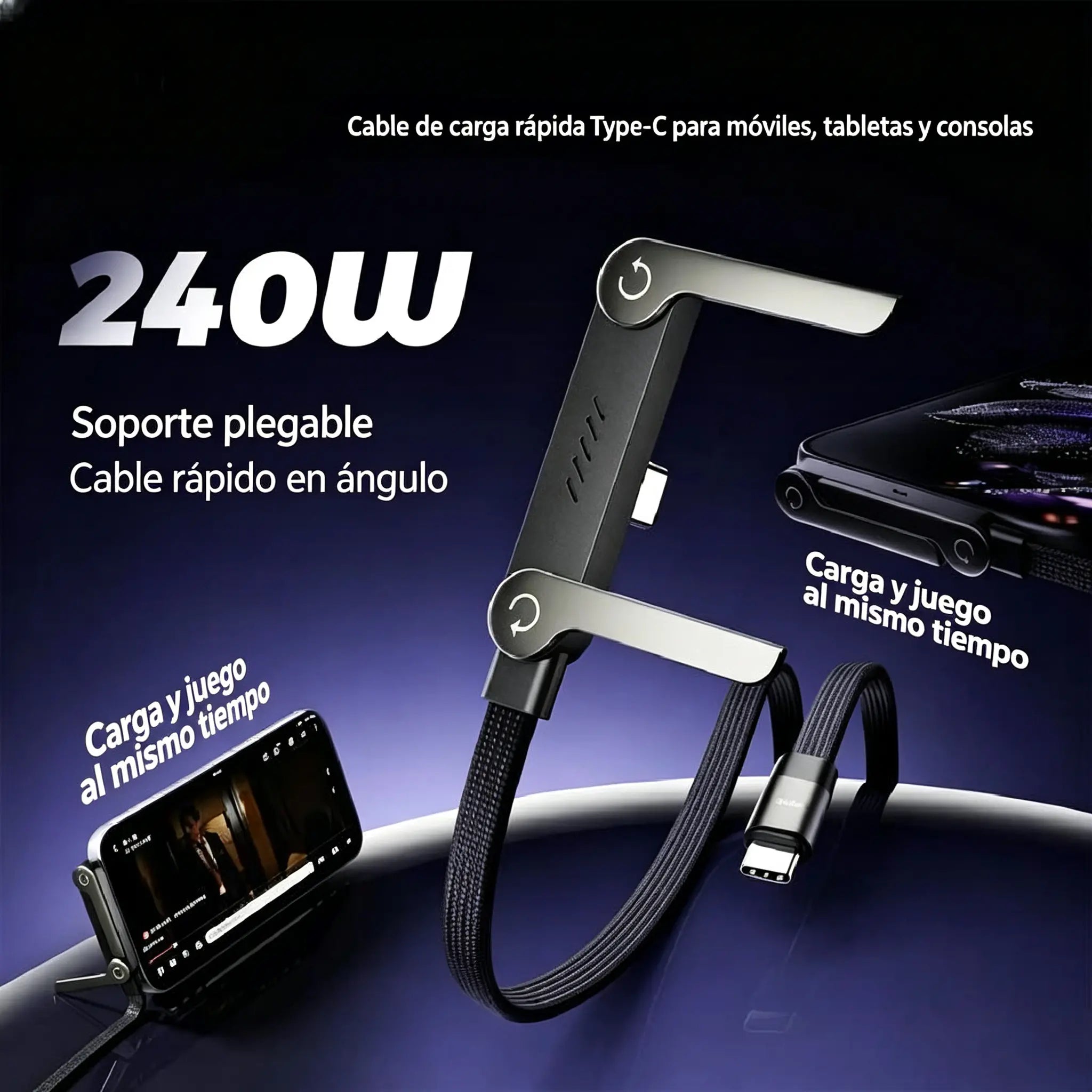 🔥【2 piezas 26 euros】⚡Cable de carga rápida 2 en 1 de 240 W y 1,5 m con soporte ajustable para teléfono🔋