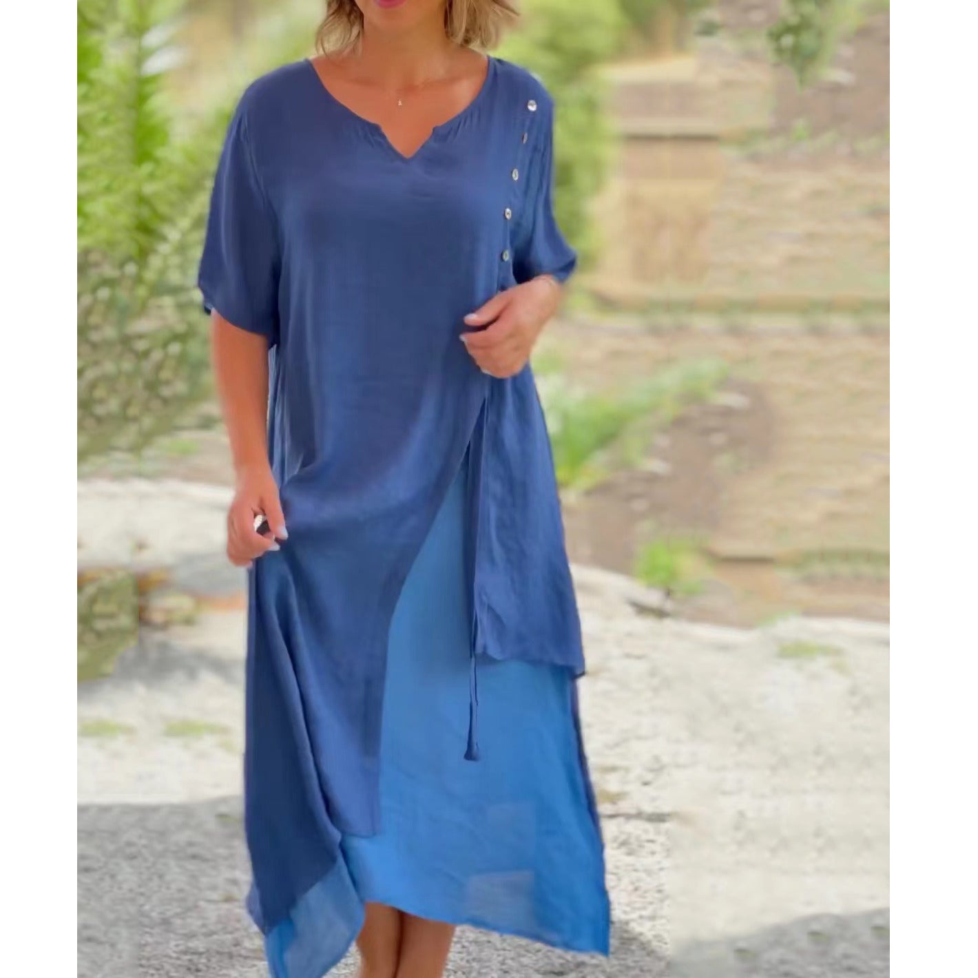 😍Venta caliente: vestido de ropa interior de algodón de dos piezas irregular con cuello en V falso de moda