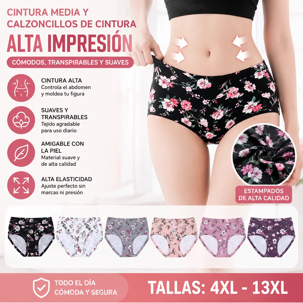 😍🔥【Conjunto de 7 piezas】💕【50-140KG】Ropa interior femenina cómoda de algodón puro antibacteriano, nuevo estilo estampado