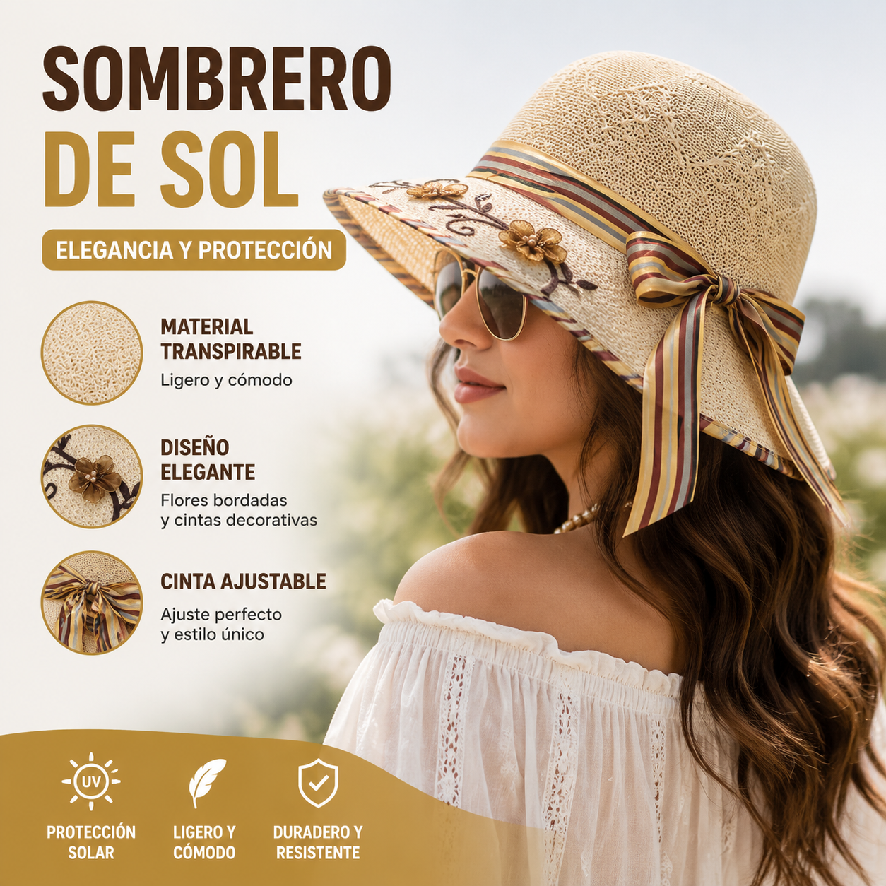 🔥¡Disfruta de un 50% de descuento!🌞👒 Sombrero plegable de ala ancha para mujer con protección solar.