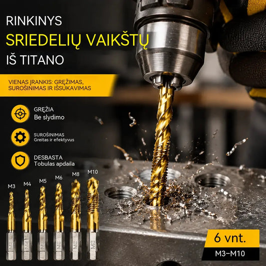 🛠️🔧(6 dalių rinkinys) „2 viename“ spiraliniai grąžtai iš greitapjūvio plieno (HSS) su titano danga – su šešiabriauniu kotu; skirti medienai bei metalui gręžti ir grioveliams formuoti 🔩