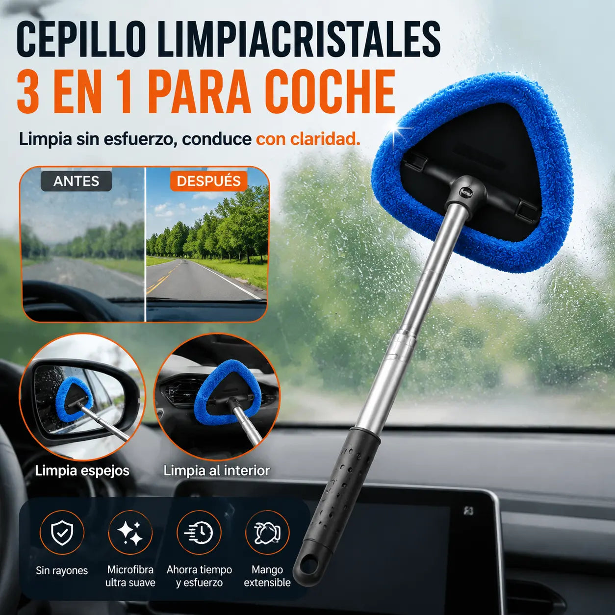 🎁Kit de limpieza de parabrisas de coche - extensible y giratorio 180°【1 pieza de plástico triangular + 4 fundas de tela】