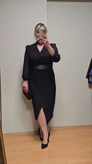【S-5XL】👗 Vestido elegante con cuello clásico y mangas de malla – corte ceñido, abertura sutil y estilo refinado