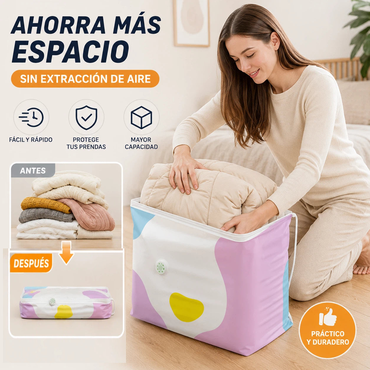🧳【Juego de 5 piezas】💨 Bolsa de almacenamiento al vacío grande y compresible: no requiere bomba, es a prueba de fugas e ideal para ahorrar espacio en maletas y en casa ✈️