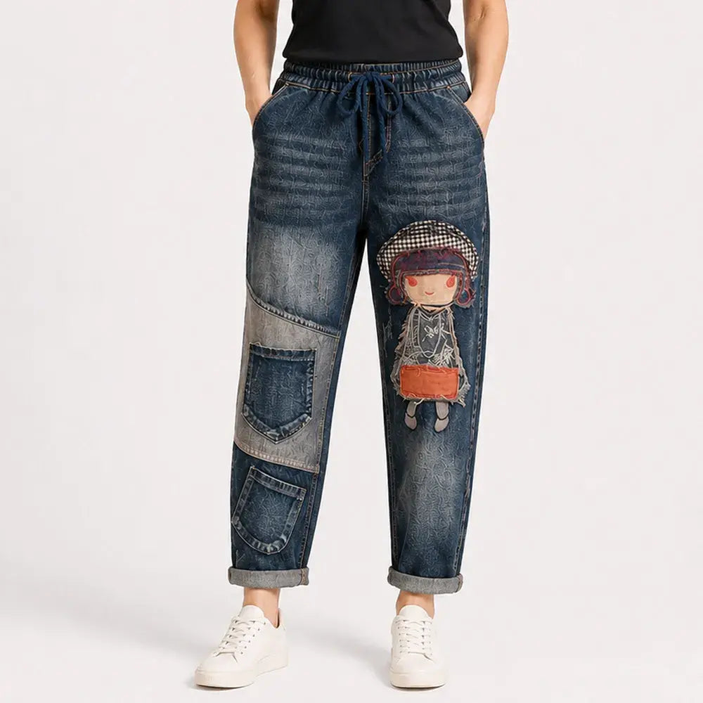 📢50% de descuento【Tallas S-5XL】👖✨🍂Vaqueros retro holgados para mujer con bordados de apliques y cintura elástica: vaqueros harem de estilo único.