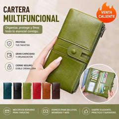 🔥💼Cartera multifuncional, hecha a mano con cuero genuino, cepillo antirrobo, doble cremallera.