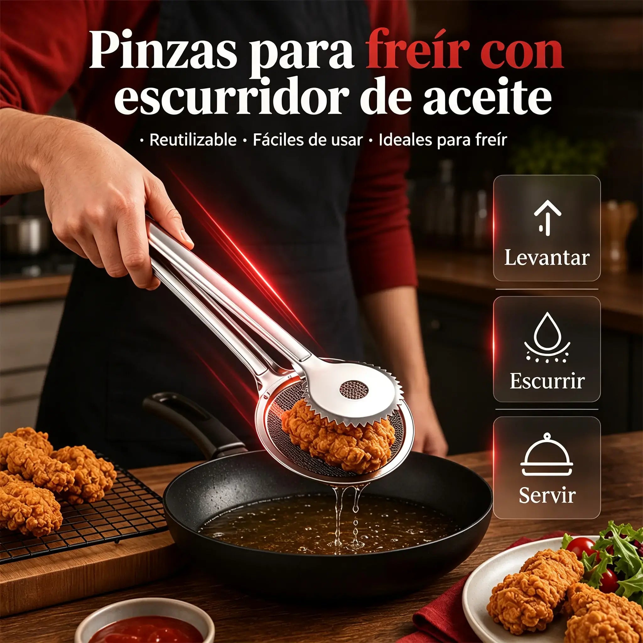 🔥¡Compra 1 y llévate 1 gratis! Filtro y pinzas de acero inoxidable 2 en 1: filtración fina, drena el aceite fácilmente📦