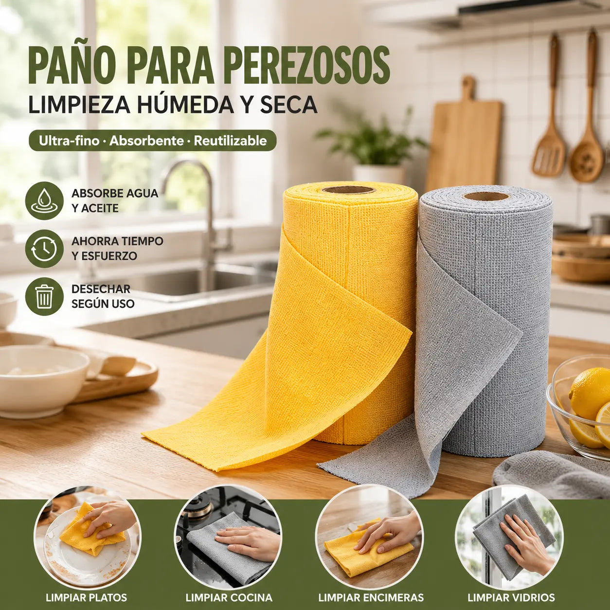 ✨（2 rollos 40 hojas-25 x 25 cm）🧼Rollos de toallas de limpieza reutilizables que se pueden arrancar uno a uno.