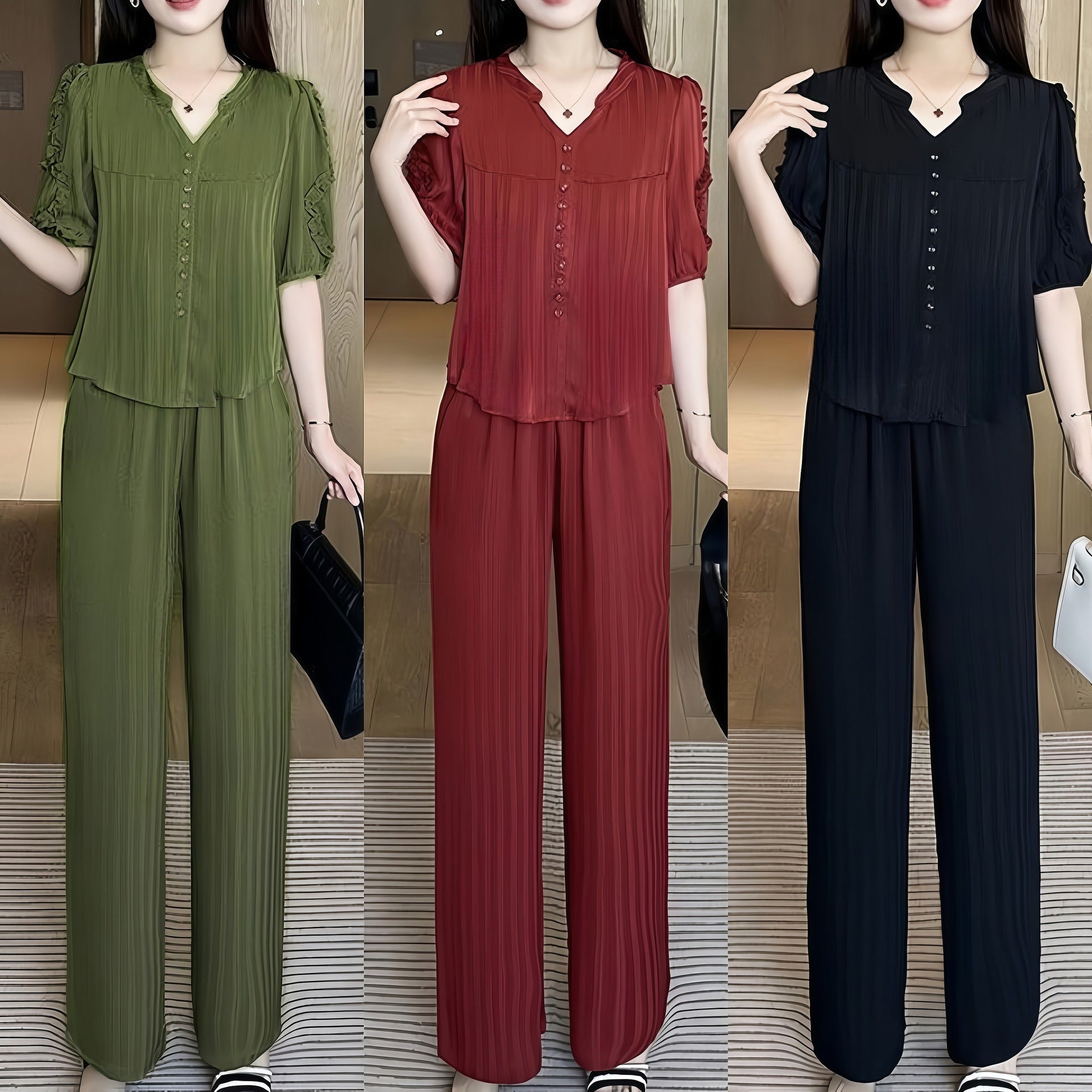 🌸【Top + Pantalones anchos】Traje de seda helada de moda