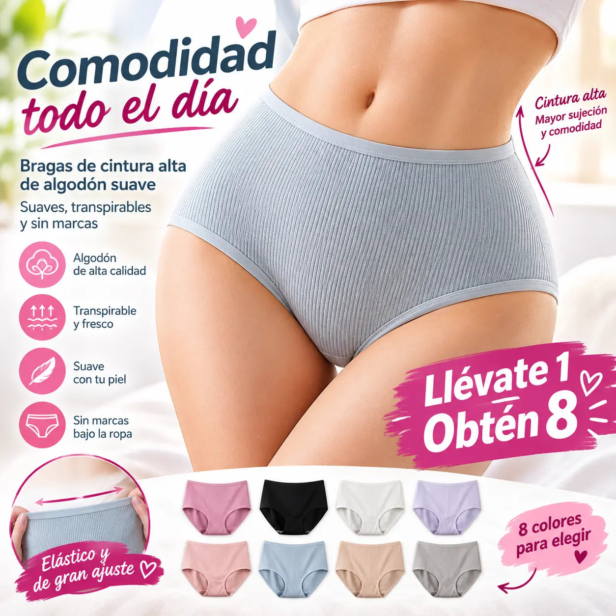 1 juego de 8 piezas🩲 Bragas de Talla Grande para Mujer: Máxima Elasticidad, Comodidad y Ajuste Perfecto