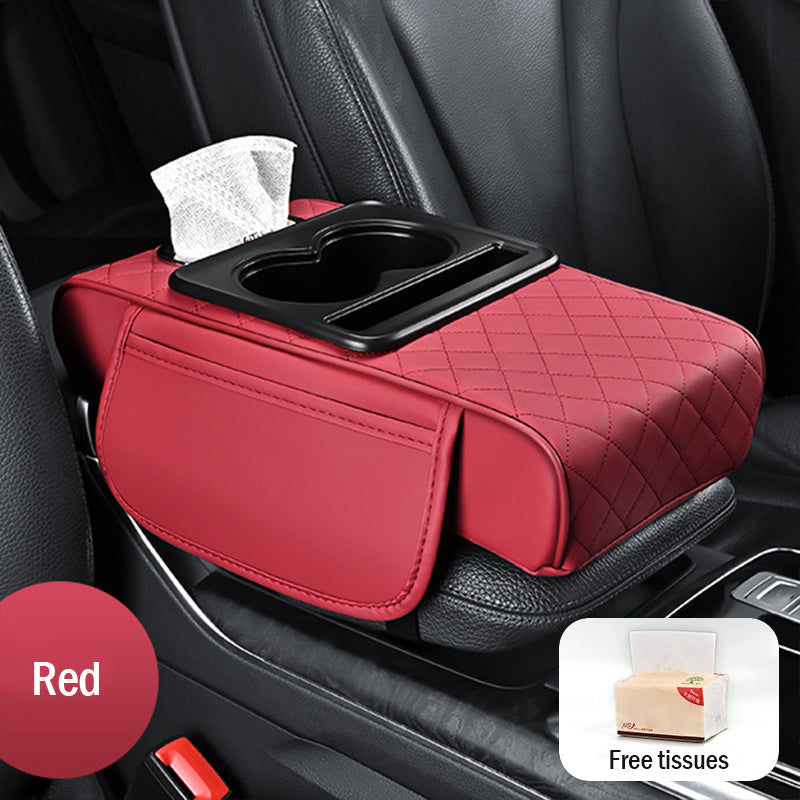 🔥🚗Almohadilla universal 4 en 1 para reposabrazos de coche de cuero ✅ Caja de pañuelos incorporada ✅ Portavasos