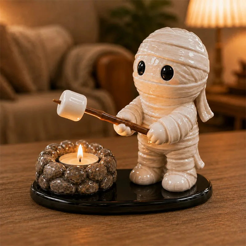 👻🔥 Portavelas de Fogata con Fantasmitas y Animales de Resina – Soporte para Vela de Té, Adorno de Escritorio 🕯️✨
