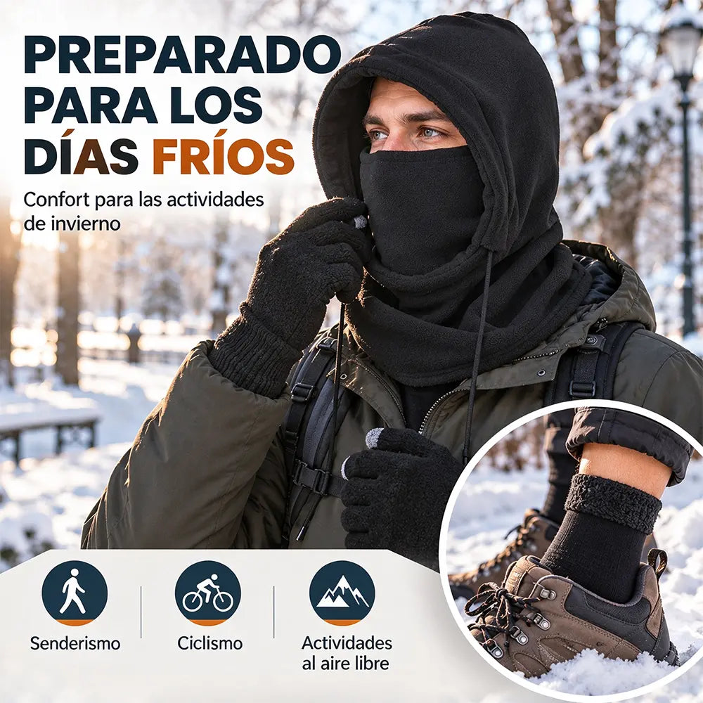 🧣❄️ Set de 4 Piezas de Invierno para Hombre y Mujer | Gorro, Guantes, Calcetines y Mascarilla de Cuello | Térmico, Afelpado y Cortavientos 🧤