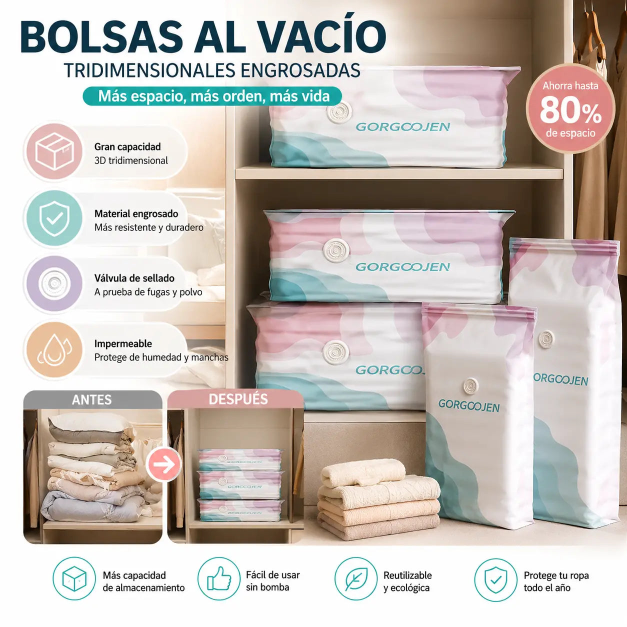 🧳 5 artículos por 28 euros 💨 Bolsa de almacenamiento al vacío grande y compresible: no requiere bomba, es a prueba de fugas e ideal para ahorrar espacio en maletas y en casa ✈️