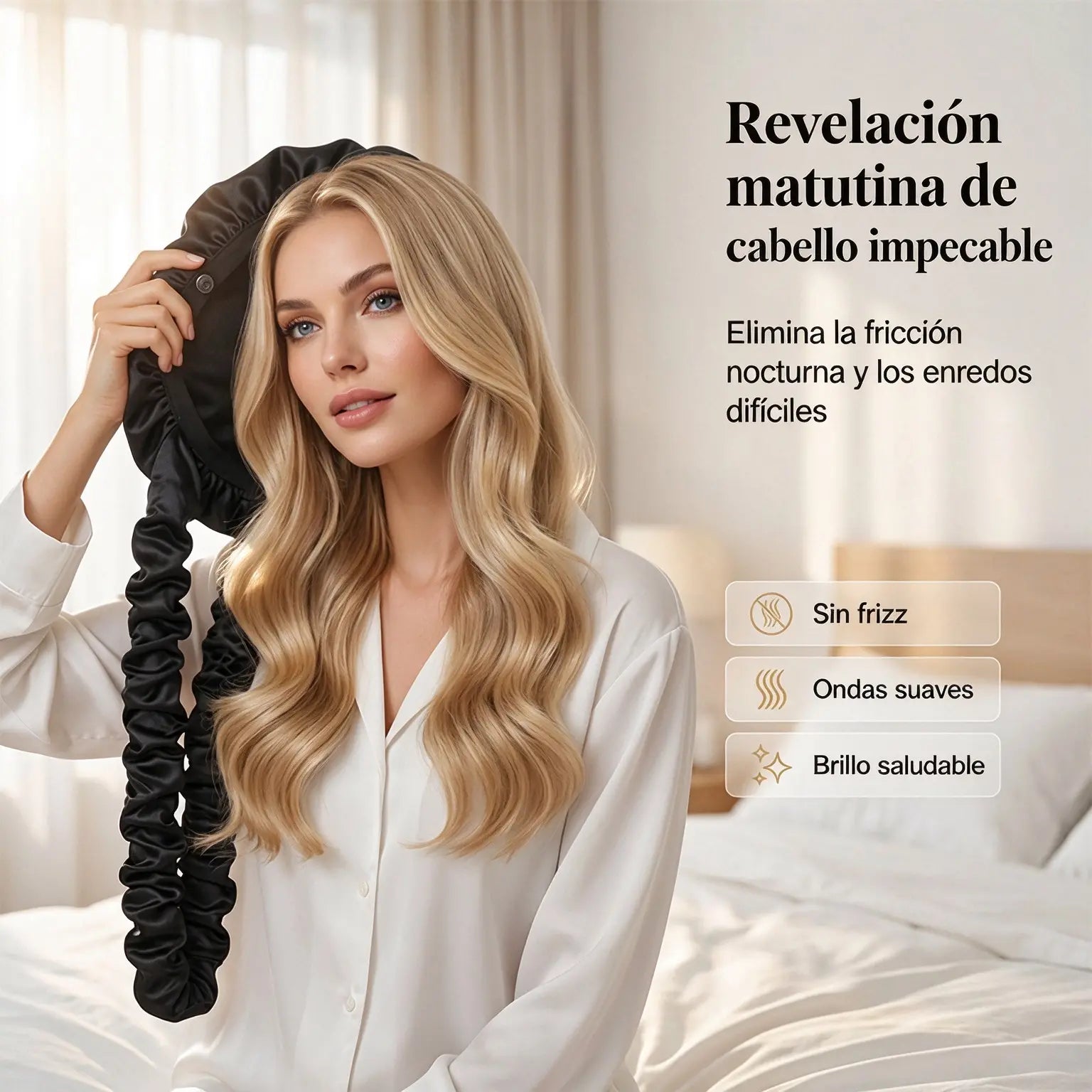 🎀🌙 Gorro de Satén para Dormir con Ondas Sin Calor, Turbante Nocturno Protector para Rizos, Reduce el Encrespamiento y Mantiene la Hidratación ✨