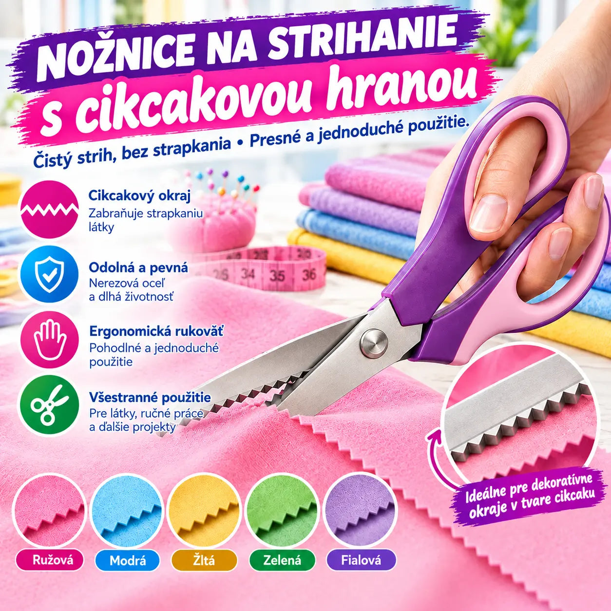✂️ Viacúčelové nožnice na rezanie s cikcakovou strihacou hranou – na látky, papier a remeslá 🧵