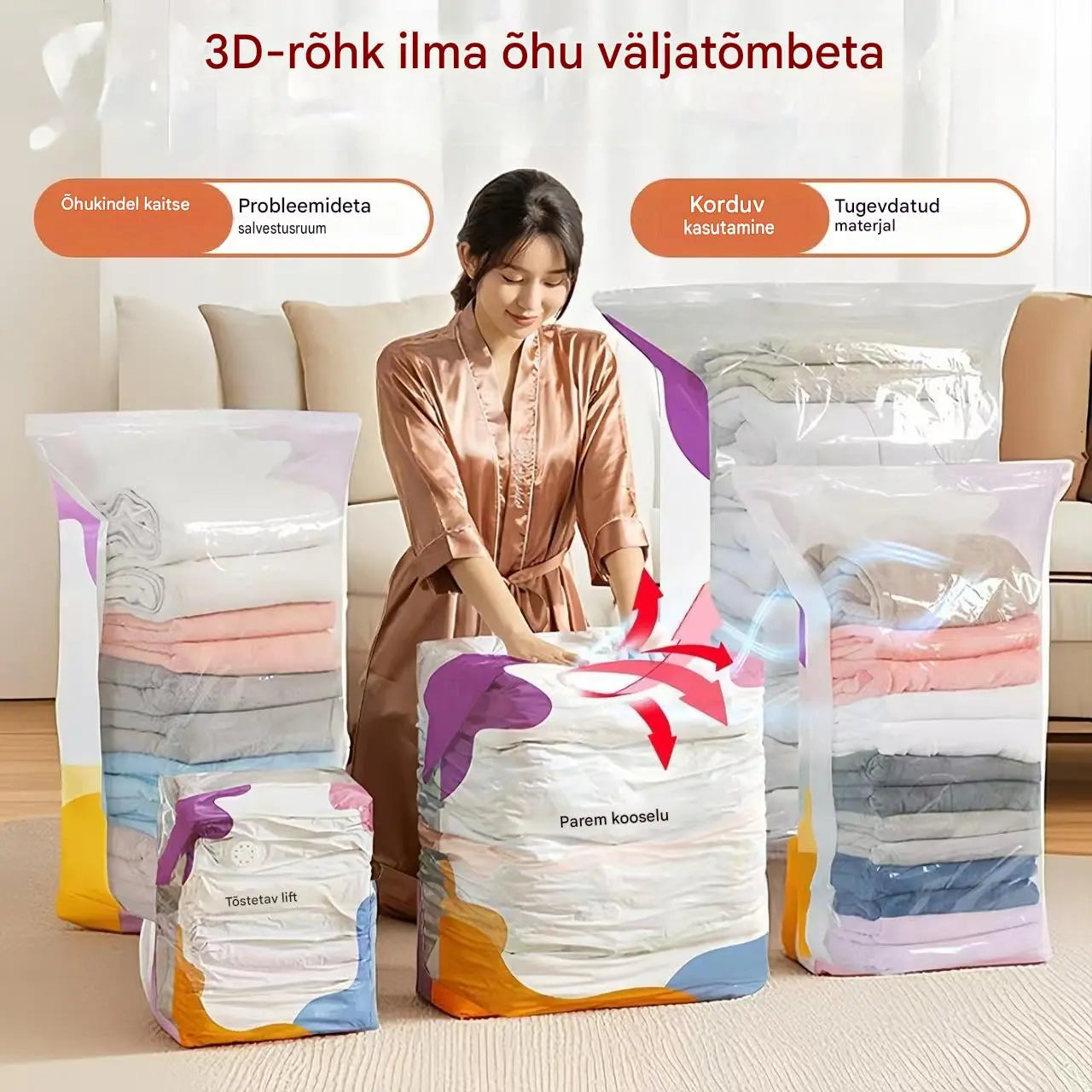 🧳【5-osaline komplekt】💨 Suur, kokkusurutav vaakumkott: pumpa pole vaja, lekkekindel ja ideaalne ruumi kokkuhoiuks kohvrites ja kodus ✈️