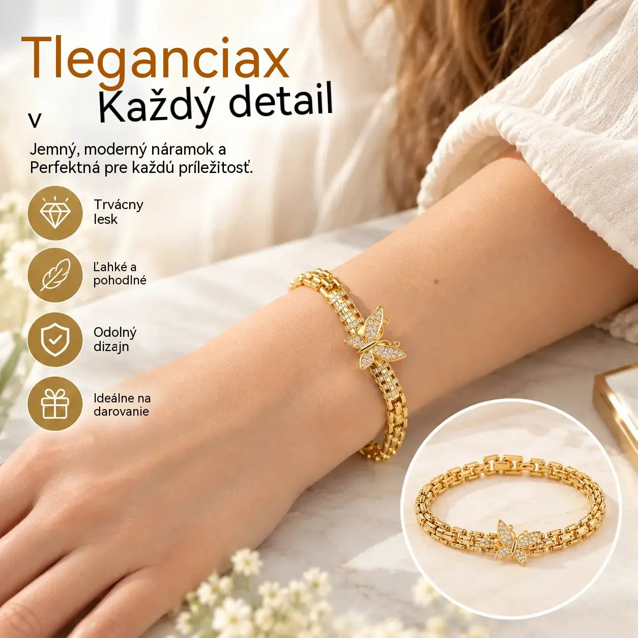 🦋 Ušetrite 50%! ✨ Náramok s motýľom z 18-karátového zlata: jemné články, elegantný povrch ✨