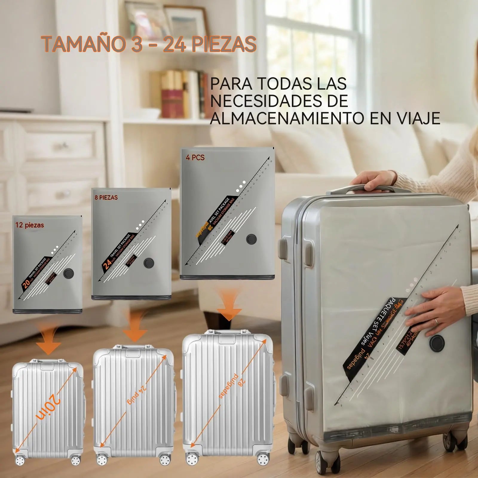 📦 S: 40×54CM + M: 47×64CM (2 uds.) + L: 54×74CM + bomba inalámbrica ⚡Bolsa de compresión al vacío con bomba eléctrica inalámbrica 🔋✨ | Diseño transparente con esquinas redondeadas | Ahorra espacio en segundos