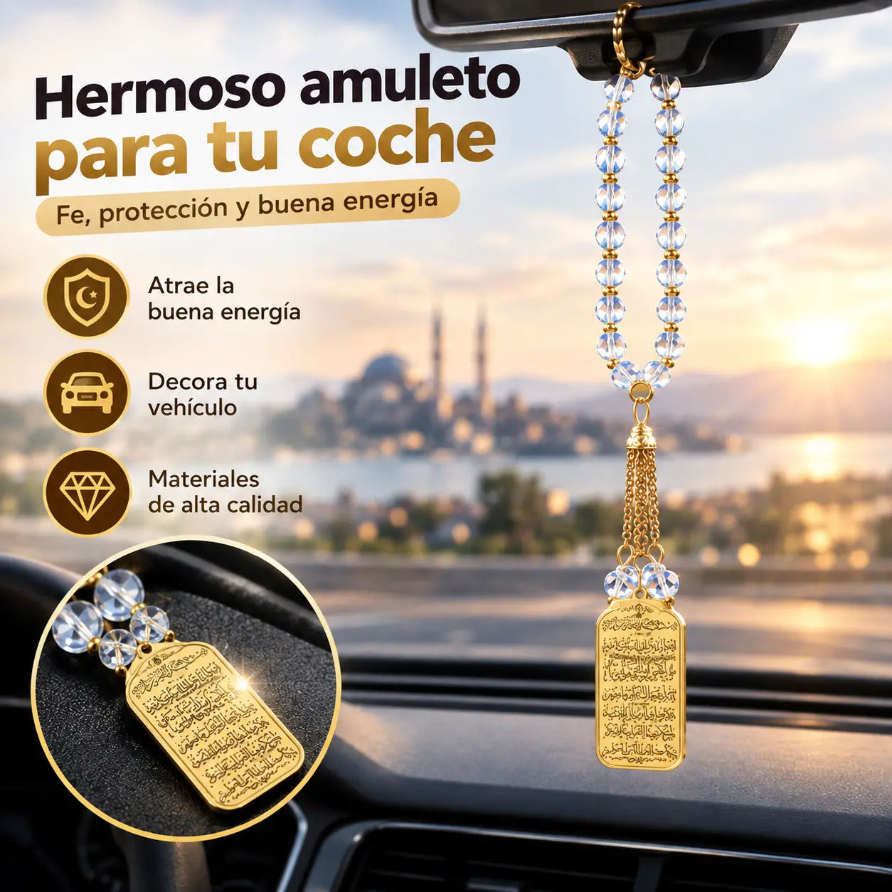 📢📢¡¡50% de descuento!! 💎✨Adorno colgante para coche: medallón árabe de acero inoxidable con cadena de cristal azul.