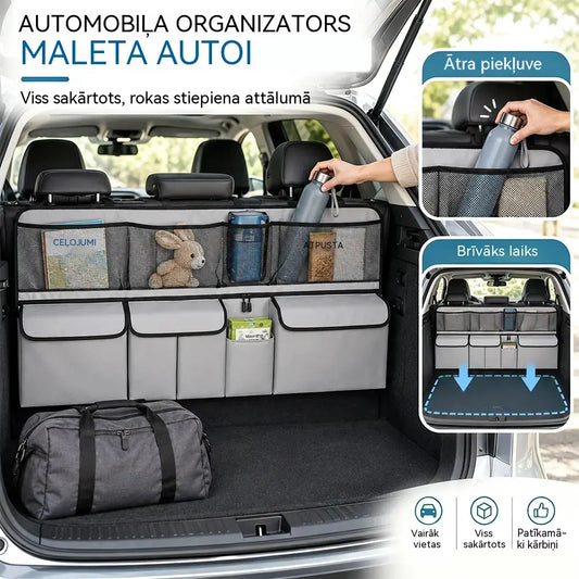 🚗🧰 Automašīnas bagāžnieka organizators — ietilpīgs, izturīgs un piekarināms; paredzēts instrumentu un piederumu uzglabāšanai.