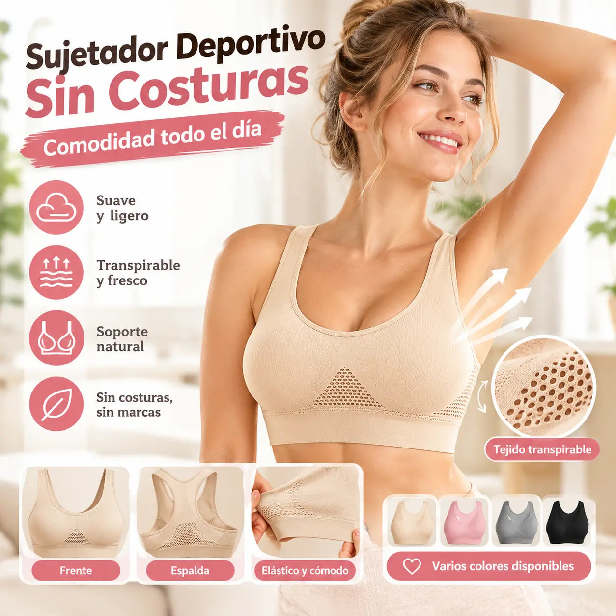 【🔥2 piezas 】🥇🏆Sujetador deportivo transpirable sin costuras, sujetador push up con escote en V profundo