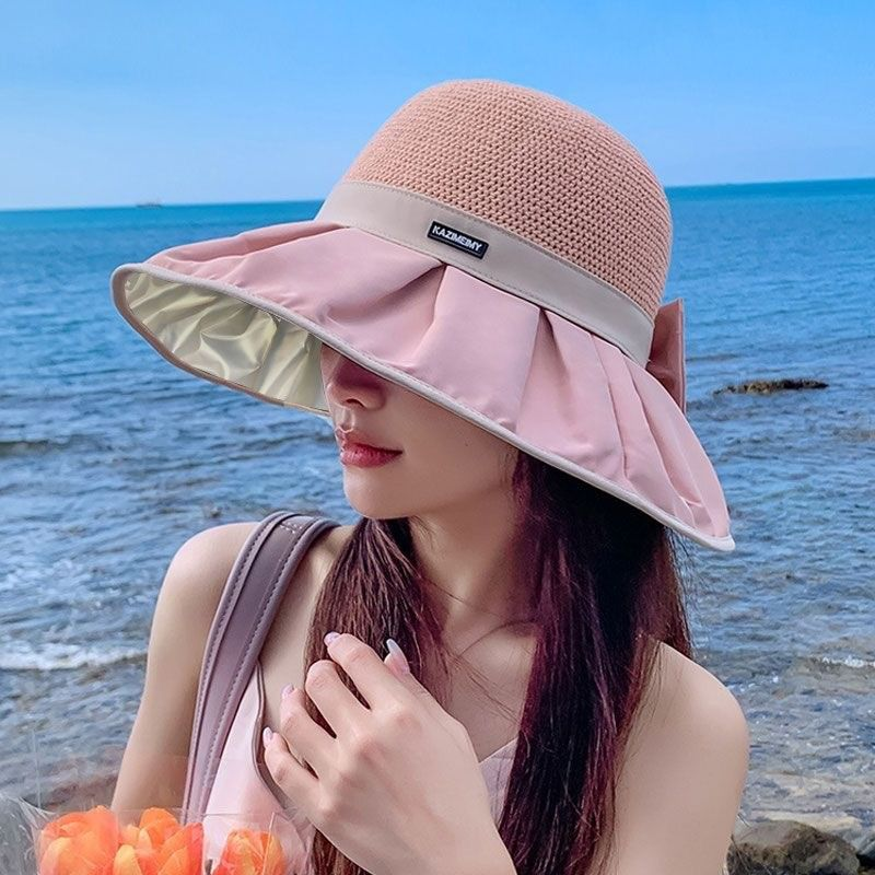 👒🎀Sombrero de sol de punto con lazo – UPF 50+, ala ajustable, perfecto para coletas