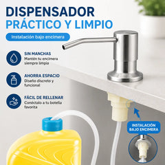 Dispensador de jabón para fregadero de cocina con tubo extensor y bomba de acero inoxidable integrada.