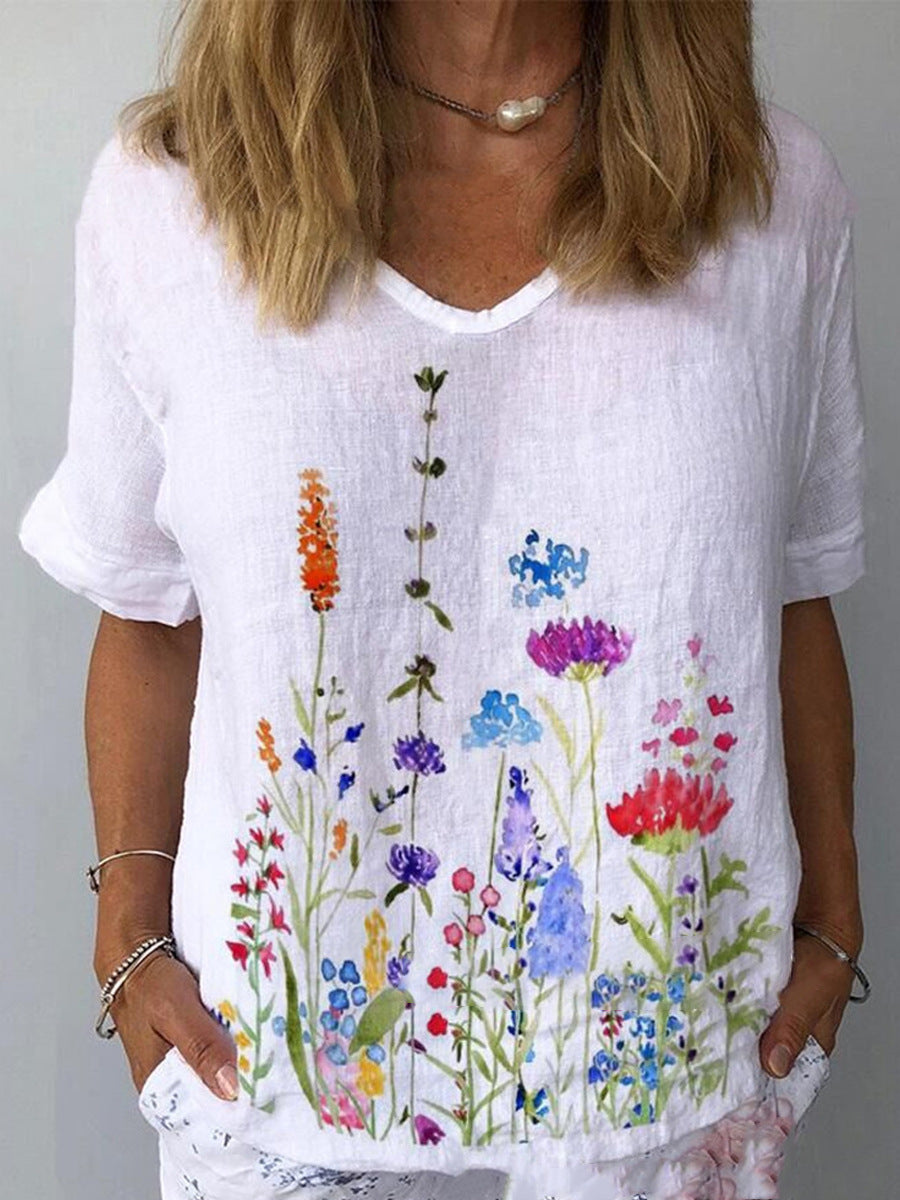 【39%OFF】【S-5XL】🌈Camiseta de manga corta de lino y algodón con estampado floral💐